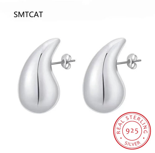 925 Sterling Silver Chunky Dome Water Drop Earring for Women Vintage Glossy Thick Teardrop Hoops Earrings Jewelry