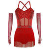 Rhinestone Latin Dance Dress, Mesh Tiered Tassel Bodysuit & Long Gloves Set