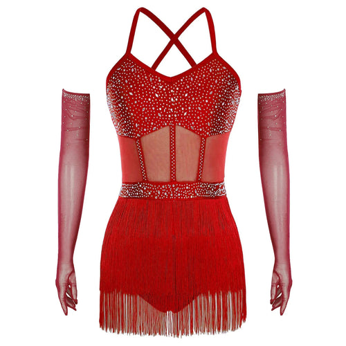 Rhinestone Latin Dance Dress, Mesh Tiered Tassel Bodysuit & Long Gloves Set