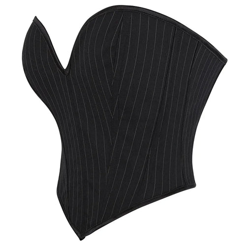 Black Striped Overbust Corset Top Zipper Front Lace-Up Bustier Body Shaper