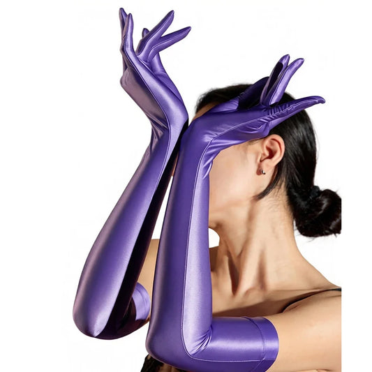 Oil Glossy Satin Smooth Five-Finger Long Elbow Gloves High-Stretch Luxury Evening Gloves