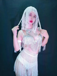 Luxury Crystal Tassel Bikini & Wig Performance Set – Premium Showgirl Stage Costume for GoGo Dancers, Nightclub DJs & Rave Outfits