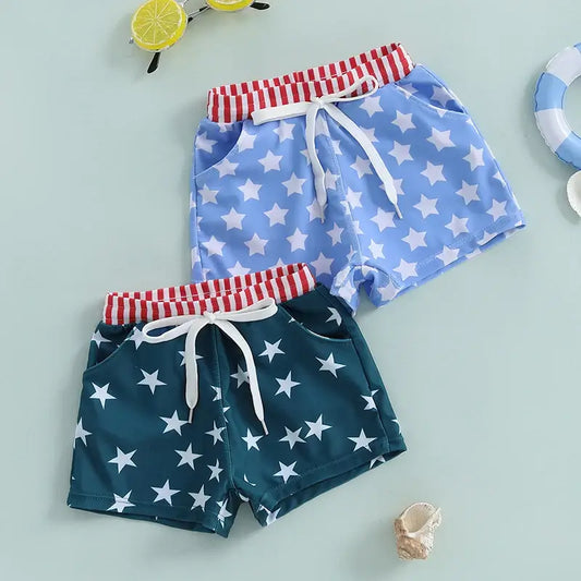 Lioraitiin Toddler Baby Boys Beach Shorts Kids Independence Day Drawstring Star Print Swim Trunks