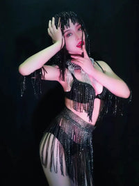 Luxury Crystal Tassel Bikini & Wig Performance Set – Premium Showgirl Stage Costume for GoGo Dancers, Nightclub DJs & Rave Outfits