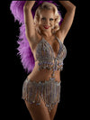 Rhinestone Fringe Tassel Skirt And Bra Set