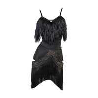 Black Fluffy Dance Leotard & Fringe Practice Skirt Latin Performance Costume Set