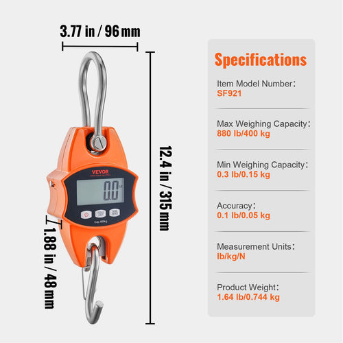 VEVOR 300/400 kg Digital Crane Scale Industrial Hanging Scale Handheld Mini Crane with Hooks Screen for Outdoor Fishing Garage