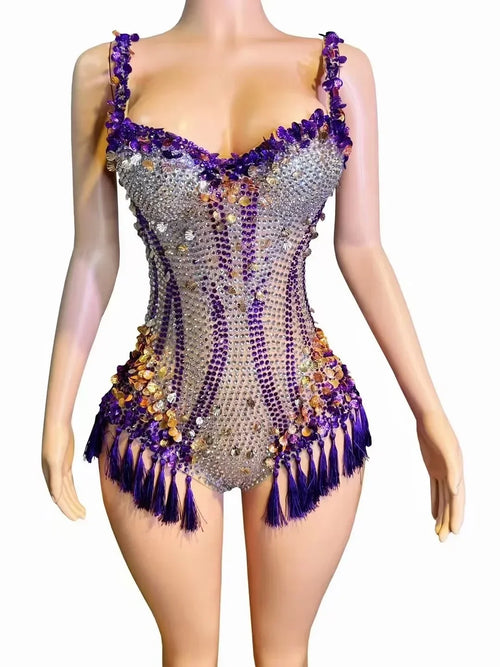 Sparkly Rhinestone & Tassel Fringe Bodysuit Stage Performance Costume