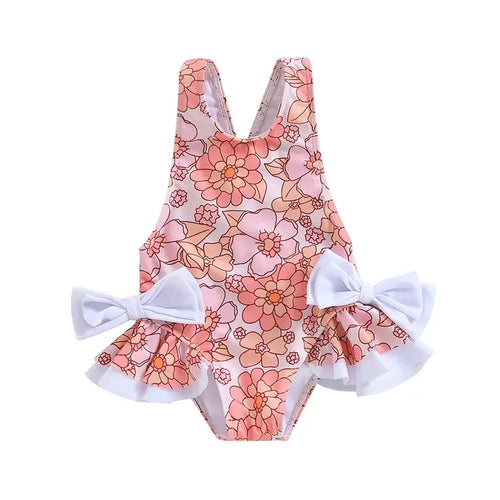 Toddler Girl s Floral Print Swimsuit with 3D Bow Detail Round Neck Sleeveless Design and Frill Trim - Cute Summer Swimwear