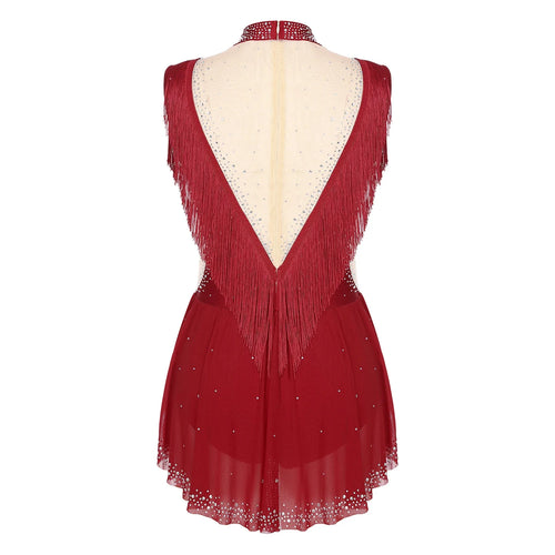 Rhinestone Mock Neck Mesh Tassel Leotard