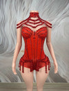 Sparkly Rhinestone Tassel Spandex Bodysuit Halter Dance Stage Costume Leotard