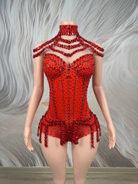 Sparkly Rhinestone Tassel Spandex Bodysuit Halter Dance Stage Costume Leotard