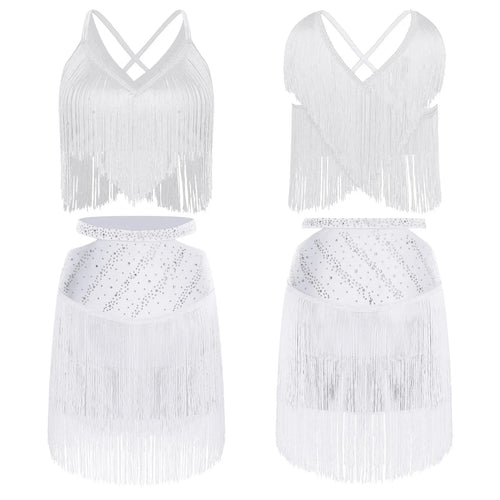 Sparkly Rhinestone & Tassel Fringe Two-Piece Latin Tango Dance Outfit Set