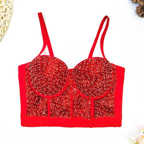 Gold Beaded Sequin Embroidery Bustier Corset Crop Top Party Bralette