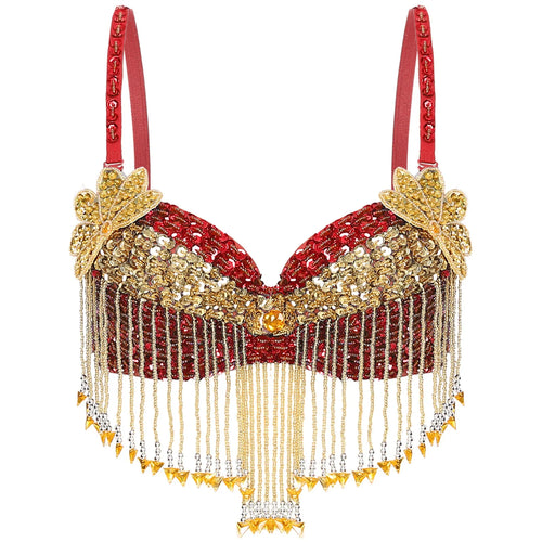 Sparkly Floral Beaded Sequin Belly Dance Bra & Tassel Performance Top