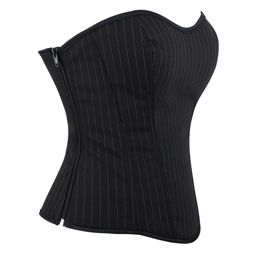 Black Striped Overbust Corset Top Zipper Front Lace-Up Bustier Body Shaper