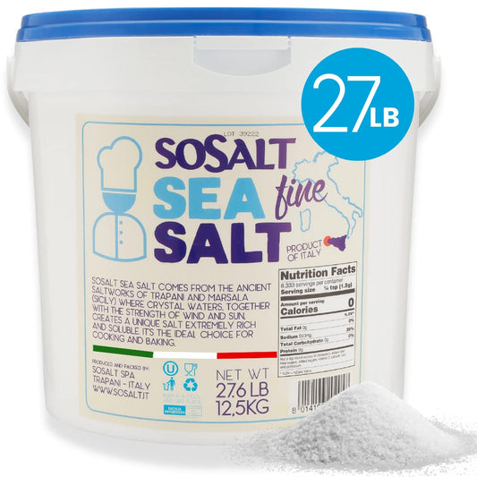 SoSalt Fine Sea Salt from Sicily | XL Foodservice Bucket 12.5 kg (27.5 lb) | Kosher, All Natural Mediterranean Sea Salt