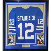 Framed Autographed/Signed Roger Staubach 35x39 Dallas Blue Football Jersey Beckett BAS COA