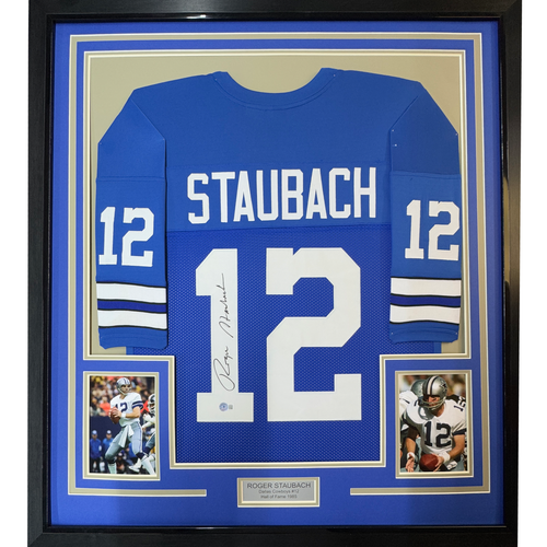 Framed Autographed/Signed Roger Staubach 35x39 Dallas Blue Football Jersey Beckett BAS COA