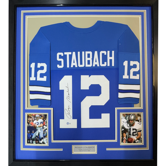 Framed Autographed/Signed Roger Staubach 35x39 Dallas Blue Football Jersey Beckett BAS COA