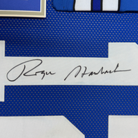Framed Autographed/Signed Roger Staubach 35x39 Dallas Blue Football Jersey Beckett BAS COA