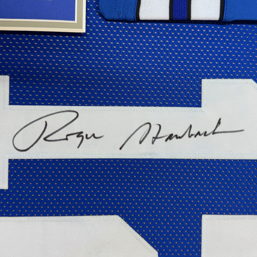 Framed Autographed/Signed Roger Staubach 35x39 Dallas Blue Football Jersey Beckett BAS COA