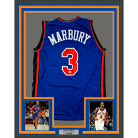 Framed Autographed/Signed Stephon Marbury 35x39 New York Blue Basketball Jersey Beckett BAS COA