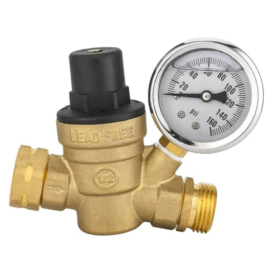 RV Water Pressure Regulator Valve, Brass Lead-Free Adjustable Water Pressure Reducer with Gauge and Inlet Screen Filter for RV Camper Travel Trailer Plumbingsell