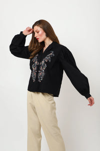 detailed embroidery black long sleeve top xs to 3xl
