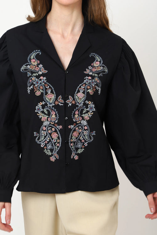 detailed embroidery black long sleeve top xs to 3xl