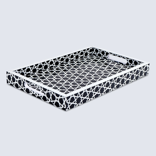 Decorative Tray Zellij Grande Black & White Resin Inlay, 11" × 17", 12" × 12"