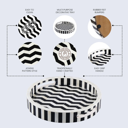 Athens Dinami Round Bone Resin Inlay Decorative Tray B&W 12"