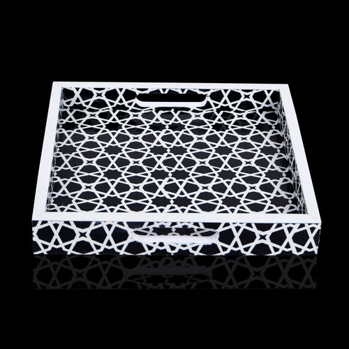 Decorative Tray Zellij Grande Black & White Resin Inlay, 11" × 17", 12" × 12"