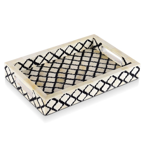 Decorative Tray Moroccan Pattern Bone & Resin Inlay, Black & White, 3 Sizes