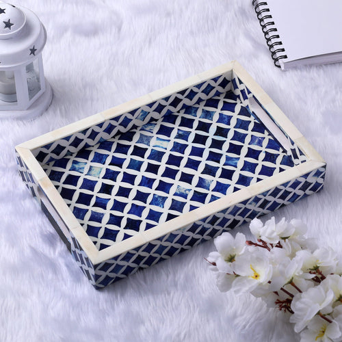 Decorative Tray Indigo Collection Bone & Resin Inlay, Blue & White, 12"x 8"