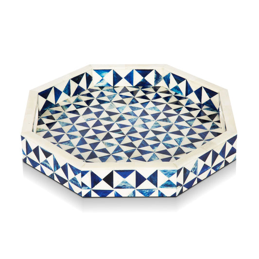 Ory Octagon Bone Inlay Decorative Ottoman Tray Blue White 12