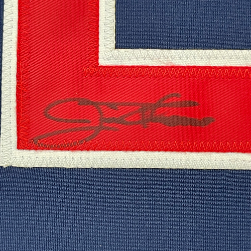Framed Autographed/Signed Jim Thome 35x39 Cleveland Blue Baseball Jersey JSA COA