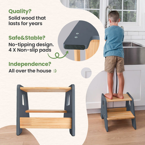 2-Step Wooden Stool for Toddlers(Step Stool for Children Ages 2+)