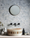 Troia Light Travertine Cylinder Above Vanity Bathroom Sink 2" Embedded Mosaics Border