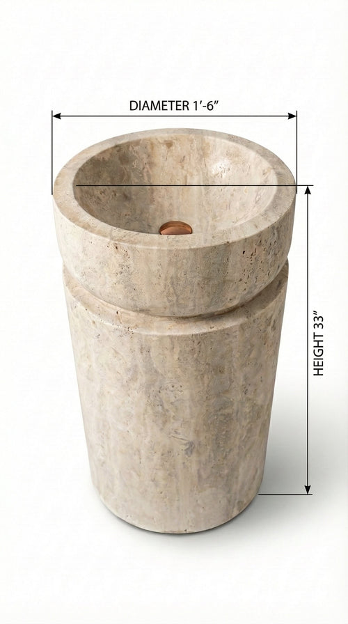 Troia Light Travertine Designer Pedestal Stand-Alone Fluted Sink (W)18" (L)18" (H)33"