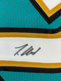 Framed Autographed/Signed Travis Hunter 35x39 Jacksonville Teal Retro Football Jersey Beckett BAS COA
