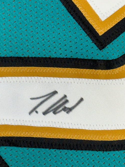 Framed Autographed/Signed Travis Hunter 35x39 Jacksonville Teal Retro Football Jersey Beckett BAS COA