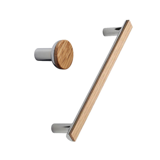 Chrome and Wood "Bis" Cabinet Knob and Drawer Handle Euro • Knobs