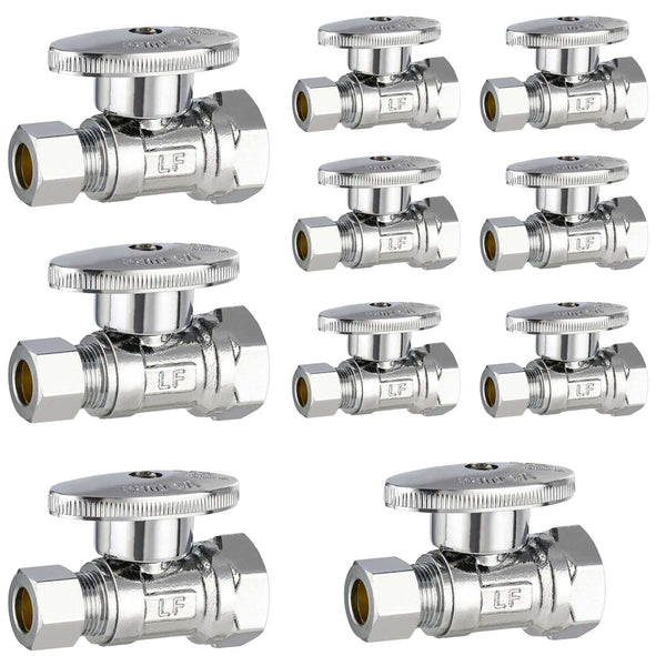 10 Pcs 1/2" FIP x 3/8" OD Compr. Straight Stop Valve, 1/4 Turn (Lead Free) Plumbingsell