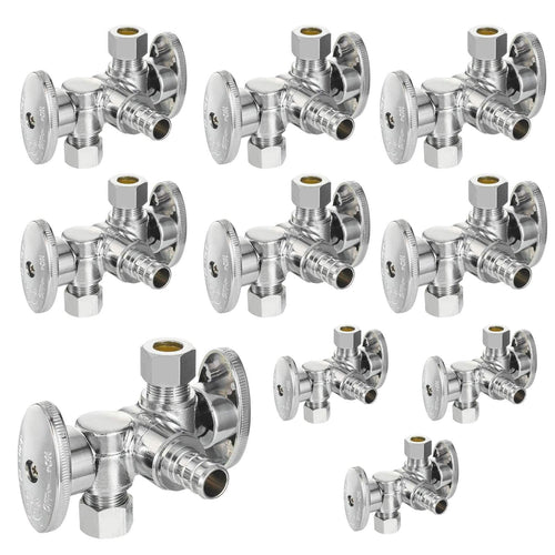 10 Pcs 1/2" PEX Crimp x 3/8" OD x 3/8" OD Dual Shut-Off Outlet, 1/4 Turn