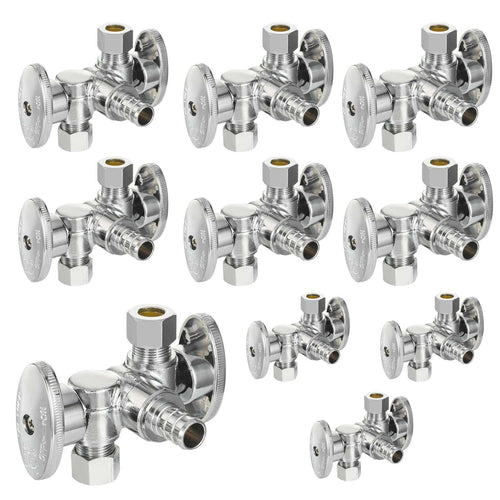 10 Pcs 1/2" PEX Crimp x 3/8" OD x 3/8" OD Dual Shut-Off Outlet, 1/4 Turn