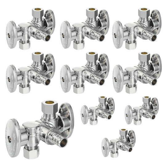 10 Pcs 1/2" PEX Crimp x 3/8" OD Compr. x 3/8" OD Compr. Dual Stop Valve, 1/4 Turn (Lead Free)