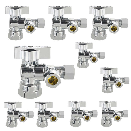 10 Pcs 1/2" NOM (5/8" OD) Inlet x 3/8" OD Outlet x 3/8" OD Outlet Split Angle Stop Valve, 1/4 Turn (Lead Free) Plumbingsell