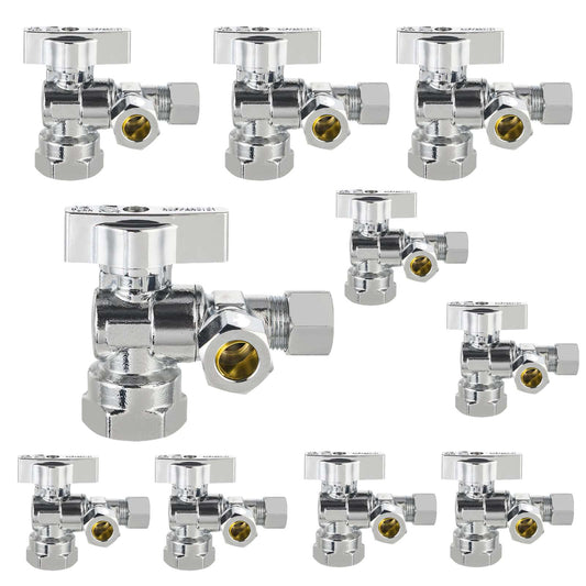 10 Pcs 1/2" NOM (5/8" OD) Inlet x 3/8" OD Outlet x 3/8" OD Outlet Split Angle Stop Valve, 1/4 Turn (Lead Free) Plumbingsell