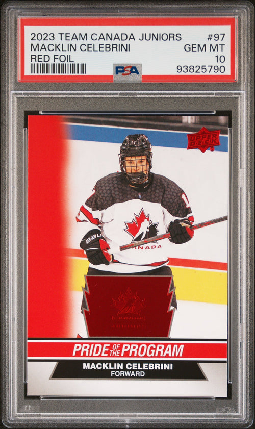 Graded 2023 Upper Deck Team Canada Juniors Macklin Celebrini #97 Red Foil Rookie RC Hockey Card PSA 10 Gem Mint